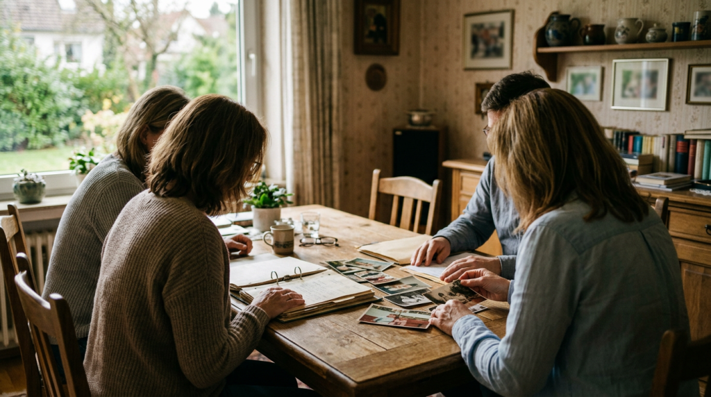 Familie am Esstisch bespricht Unterlagen zum geerbten Haus