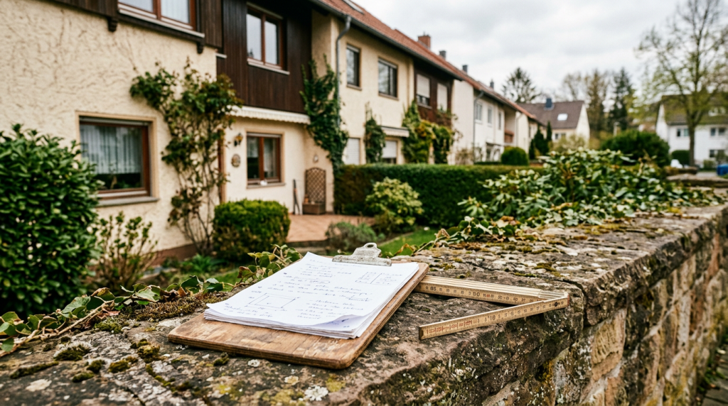 Haus mit Zollstock und Notizblock – Wertermittlung