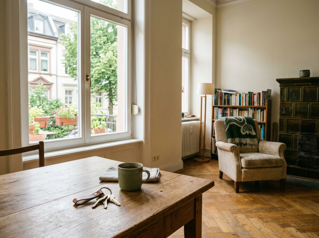 Helle Eigentumswohnung mit Schlüsselbund auf dem Tisch