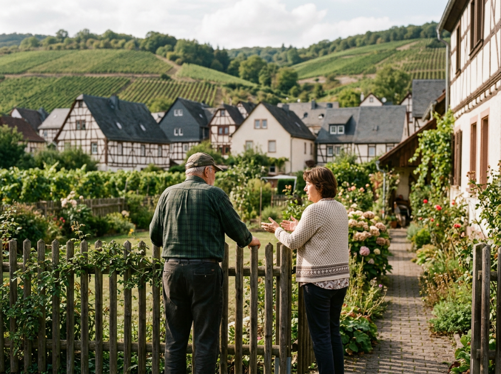 Nachbarn im Gespräch am Gartenzaun im Rheingau